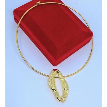 Imagem de Colar Choker Aro Liso Rigido Dourado com Pingente Orgânico Vazado Mini