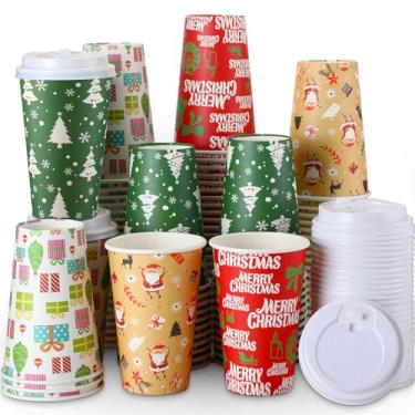 Imagem de Zhehao 100 peças de copos de papel de café de Natal com tampas 473 ml descartáveis boneco de neve Papai Noel elfo copos de papel para chá de cacau quente, bebidas, artigos de festa de Natal
