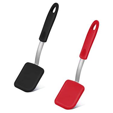 Imagem de 2 espátulas pequenas de silicone, mini espátula de silicone, resistente ao calor, arranhão, utensílio de cozimento para peixes, ovos, panquecas, wok (preto, vermelho)