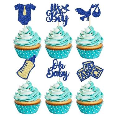 Imagem de Gyufise 24Pcs Baby Shower Cupcake Toppers Glitter Tie Onesie Baby Bottle Oh Baby Cupcake Picks It's a Boy Cake Decorations for Baby Shower Gender Reveal Kids Boys Birthday Party Supplies Deep Blue