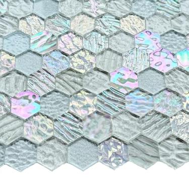 Imagem de KALUCION 100 peças de mosaico de vidro hexagonal para artesanato, vitrais transparentes iridescentes hexágonos pré-cortados para favos de mel de vitral, projetos de mosaico, decoração de casa