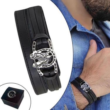 Imagem de Pulseira de Couro Masculina Country Ajustável 2 Ferradura e Cavalo Rod
