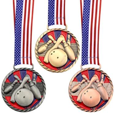 Imagem de Huquary Medalha de boliche de 3 peças de troféu de boliche de 6 cm ouro prata bronze 1º 2º 3º lugar medalhas de prêmio com estrelas e listras fita da bandeira americana para competições, torneio de