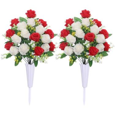 Imagem de Flores artificiais de cemitério, conjunto de 2 flores de túmulo com vaso, decorações de sepultura ao ar livre, flores de seda para decoração de lápides de cemitério (vermelho e branco)