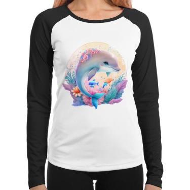 Imagem de Baby Look Raglan Golfinho Fofo Manga Longa - Foca na Moda, Branco, Pre
