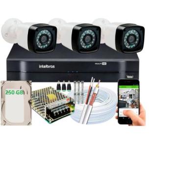 Imagem de Kit Cftv 3 Cameras Segurança digital hd Dvr Intelbras 4ch C/ HD 250GB 