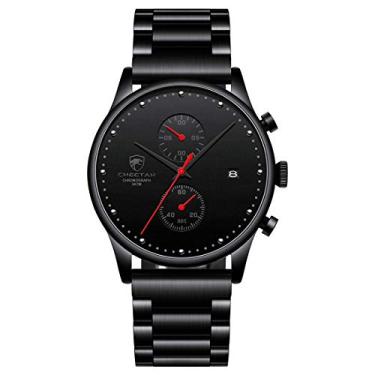 Imagem de Relógio masculino Cheetah de aço inoxidável 3 ATM à prova d'água, cronógrafo de data automática, analógico, quartzo, moderno, negócios, preto, relógio de pulso para homens, black red hands