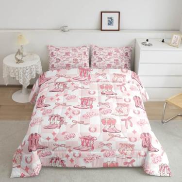 Imagem de Manfei Conjunto de edredom de cowgirl ocidental, botas tribais, ferradura, discoteca, cereja, quarto de adolescentes, laço de princesa, rosa, branco, xadrez, 3 peças, com 2 fronhas, casal