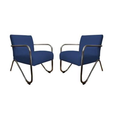 Imagem de Kit 2 Poltronas Decorativa Bela Suede Azul Marinho Braço Cromado Mz De