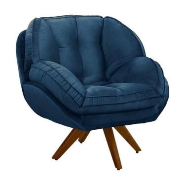 Imagem de Poltrona Giratória Veludo Base De Madeira Azul Marinho - DROSSI