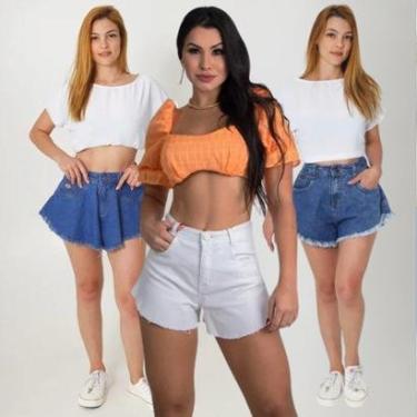 Imagem de Kit 3 Shorts Femininos Jeans Babaloo Godê Cintura Alta Bainha Desfiada Lycra Elastano-Feminino