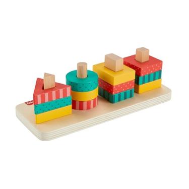 Imagem de Fisher-Price Brinquedo para empilhar com círculos, triângulos e quadrados de madeira, 13 peças fabricadas com material certificado FSC, conjunto inspirado em Montessori + 2 anos (HXV05)