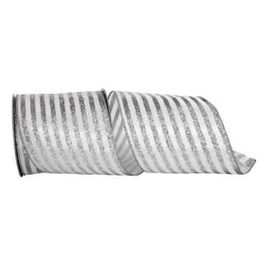 Imagem de Reliant Ribbon Fita de borda com fio de listras brilhantes com glitter vertical, branca/prata