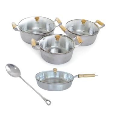 Imagem de Jogo De Panela e Frigideira Alumínio Batido Grosso Com 5 Peças Cabo Madeira Marfim Envernizado