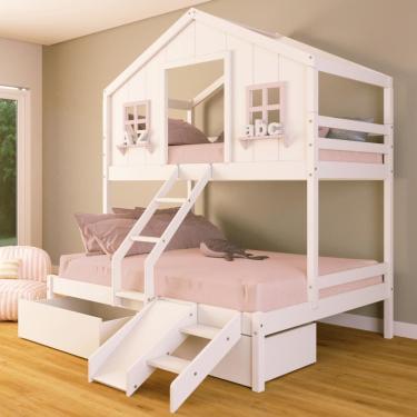 Imagem de Beliche Casal/ Solteiro Casinha dos Sonhos com Escada/ Escorregador e 02 Gavetas Madeira Maciça Branco/ Rosa Housin