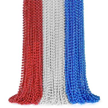 Imagem de ZYFLSQ 100PCS 4th of July Bead Necklace, 33" 7mm Independence Day Bead Necklaces Bulk, Metallic Red/Silver/Blue Beaded Necklaces, 4th of July Accessories for Patriotic Parade Party Favors Decorations