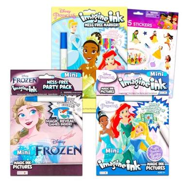 Imagem de Conjunto de livros de atividades de princesas da Disney ~ 3 peças de livros de colorir sem bagunça com tinta da Disney Princess e Frozen | Pacote de atividades congeladas com adesivos (livros de color