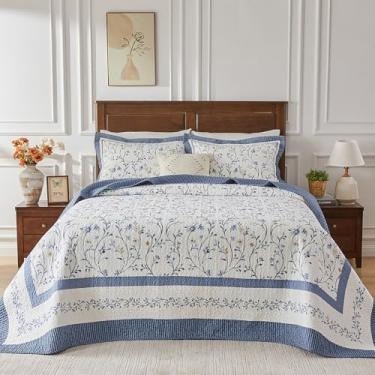 Imagem de CozyStitch Colcha Queen extragrande 259 cm x 304,8 cm - 100% algodão, leve, coberta acolchoada para todas as estações com design floral de videira - roupa de cama elegante e moderna - colcha queen