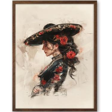 Imagem de iHery Arte de parede emoldurada mexicana de madeira de carvalho natural, cor de nogueira, 30,5 x 40,6 cm, romântica Mariachi, sudoeste, arte de parede, decoração floral rústica para quarto, banheiro