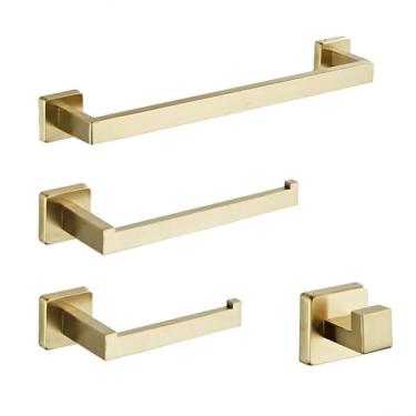 Imagem de Kit de banheiro dourado escovado - Toalheiro de aço inoxidável, porta-papel e gancho para roupas | Conjunto de 3 peças para montagem na parede, 5