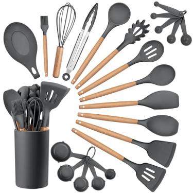 Imagem de HaWare Conjunto de utensílios de cozinha, conjunto de espátula de silicone de 23 peças com suporte, cabo de madeira resistente ao calor, utensílio de cozinha para panelas antiaderentes, conjuntos de