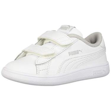 Imagem de PUMA Tênis feminino Smash V2 Hook and Loop, sabugueiro-índigo-prata-branco, 2 M EUA criança pequena, Branco, 9 Toddler