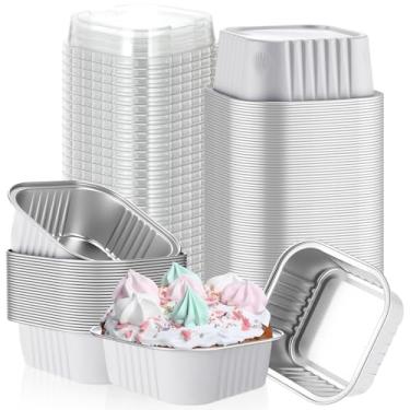 Imagem de Skylety 100 peças, mini assadeira quadrada de 142 g com tampa, forma de cupcake de alumínio, copo de brownie, descartável, ramequins individuais, recipientes de sobremesa para cozinha (branco)
