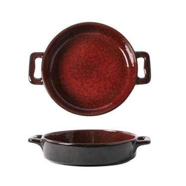 Imagem de Prato de sobremesa de frutas requintado em relevo de cerâmica retrô de cor sólida doméstico - disco de fundo plano de 23 cm com ambas as orelhas