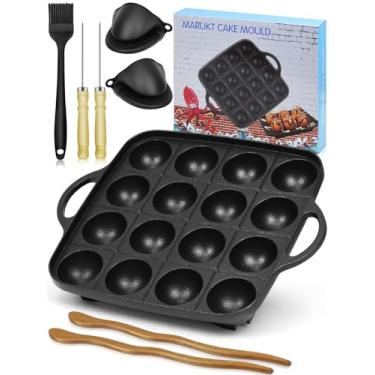 Imagem de Artcome Panela Takoyaki de 16 furos com alças duplas – Máquina de bola de polvo antiaderente com 2 palhetas de madeira, escova de silicone e 2 clipes resistentes ao calor – Grelha Takoyaki para fogão