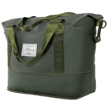 Imagem de Bolsa esportiva – Bolsa de ombro grande para o fim de semana, bolsa de mão com bolso molhado, bolsa esportiva expansível à prova d'água com manga de carrinho, Verde oliva