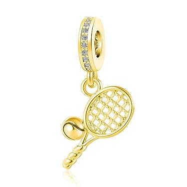 Imagem de LuxglitterLin Raquete de tênis e pingente de bola de zircônia cúbica brilhante compatível com pulseira Pandora para amantes de tênis, banhado a ouro