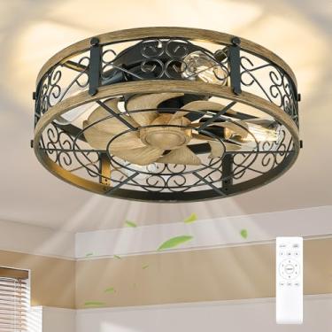 Imagem de Chansim Ventiladores de teto enjaulados com luzes e controle remoto, lustre de montagem embutida de 48 cm com 6 velocidades, ventilador de teto rústico de baixo perfil com luz para quarto, cozinha