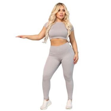 Imagem de Conjunto Legging e Cropd Vih Triny Manguinha Canelado Poliéster Moda Fitness Academia Cinza-Feminino