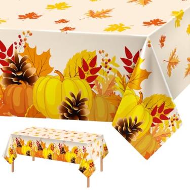 Imagem de Toalha de mesa descartável para o outono de Ação de Graças, pacote com 2 toalhas de mesa retangulares de abóbora de outono para decoração de mesa de festa de colheita, 137 x 274 cm