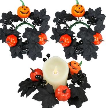 Imagem de 2 peças de grinaldas de anéis de vela de Halloween, suportes de vela de abóbora de folha de bordo artificial preta, guirlanda de vela de Halloween, decoração de mesa para casa