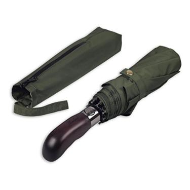 Imagem de Guarda-chuva de viagem Balios Prestige, alça de madeira real, abertura automática e fecho, ventilada à prova de vento com cobertura dupla, projetado no Reino Unido, Olive Green with Real Wood Handle