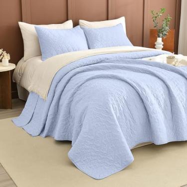 Imagem de Lady Ann Colcha Queen azul claro grande 100 x 106, 3 peças, estampa de folhas, conjunto de colcha queen extragrande, para cama extragrande, colchas e cobertores leves e macios