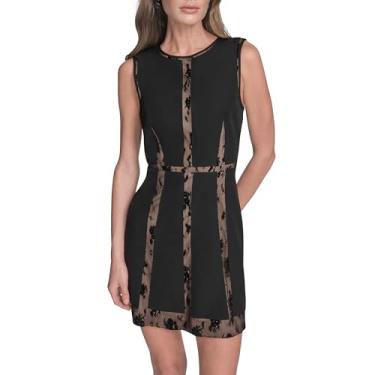 Imagem de BCBG Minivestido feminino sem mangas gola redonda de couro PU evasê, Preto/Nude, 48