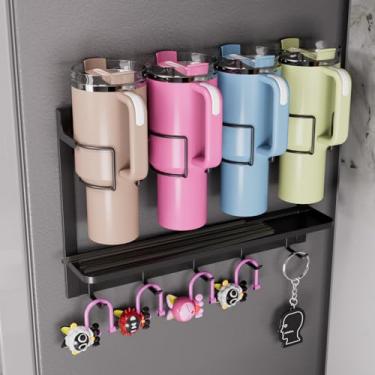 Imagem de Adequado para armazenamento de garrafa de água Stanley, fácil de instalar, pode ser fixado magneticamente, pode ser colado com fita dupla face, quatro suportes de copo Stanley, cinco ganchos