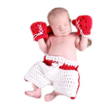 Imagem de Conjunto de roupas para meninos e meninas para fotografia recém-nascida, acessórios para fotos de bebês feitos à mão luvas de boxe Champion calças, Branco, Medium