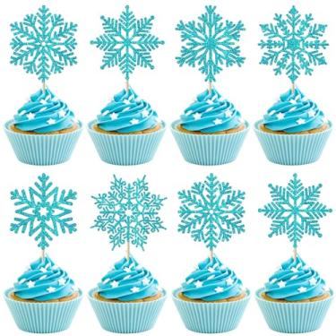 Imagem de Rsstarxi 36 Pack Snowflake Cupcake Toppers Glitter Winter Frozen Theme Snowflake Cupcake Picks for Baby Shower Kids Birthday Christmas Frozen Party Cake Decorations Favors Blue