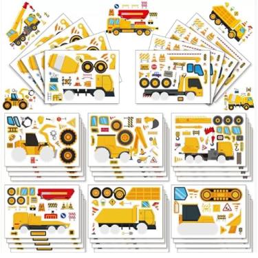 Imagem de 16 Sheets Make Your Own Stickers for Kids - Construction Vehicle Make-a-Face Activity with Excavator & Fire Truck, Party Favors for Boys or Teacher Classroom Rewards (Transportation Car)