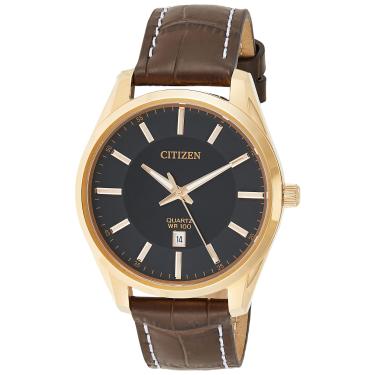 Imagem de Citizen Relógio masculino de quartzo, aço inoxidável com pulseira de couro, casual, marrom (modelo: BI1033-04E), Tom dourado rosa, Relógio de quartzo