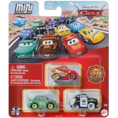 Imagem de Disney Cars Mini Racers Pacote com 3 molas radiadoras Race & Rescue Lightning McQueen, Sheriff, Chick Hicks