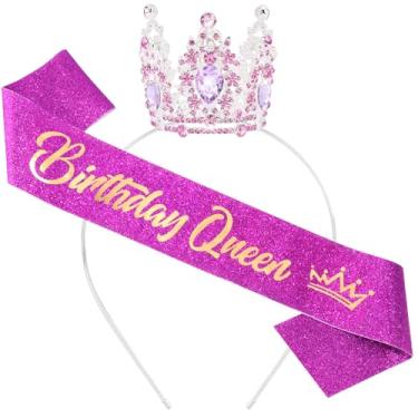 Imagem de Birthday Queen Sash for Women Tiara & Crowns Headbands for Girls Happy Birthday Party Accessories Favor Supllies Leona Gold Silver Pink Purple, 2 Pack