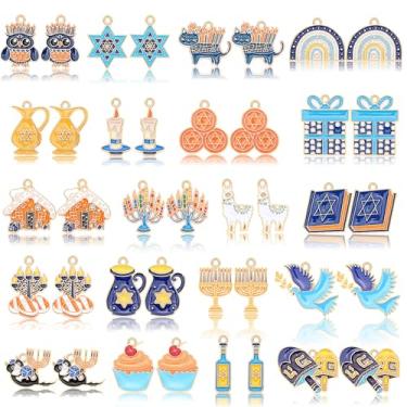 Imagem de MARFOREVER 40 peças/20 pares de pingentes de Hanukkah para fabricação de joias, Chanucá azul e branco esmaltado pingente de estrela de Davi para pulseira colar brincos acessórios para fabricação de