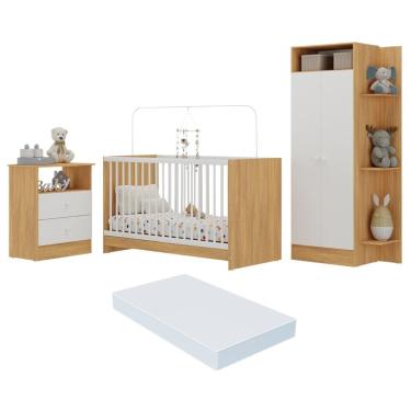 Imagem de Jogo De Quarto Infantil Com Colchão Incluso Trevalla Móveis Pom Pom - Madeirado-branco...
