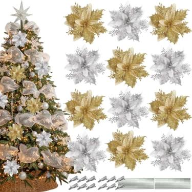 Imagem de AUOCATTAIL 12 peças de flores de poinsétia de Natal, douradas, prateadas, purpurina, ornamentos de poinsétias artificiais com clipes, decoração de flores de árvore de Natal com hastes para guirlanda