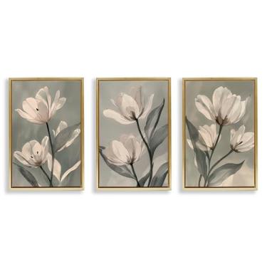Imagem de Stupell Industries Flower Trios Portraits Conjunto de tela flutuante com moldura dourada de 3 peças, design de Annabelle Hall, 64 x 43 cm