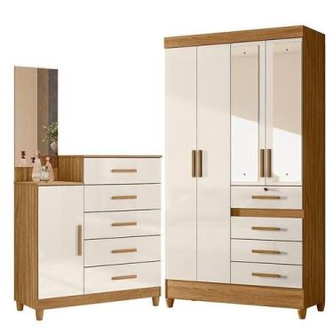 Imagem de Guarda Roupa Solteiro Sobral com Espelho e Cômoda Lisboa Freijó Off Wh